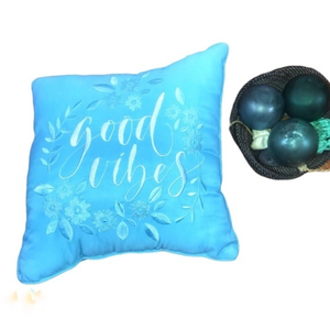 Embroidered Good Vibes blue with white floral wreath square accent‎ pillow